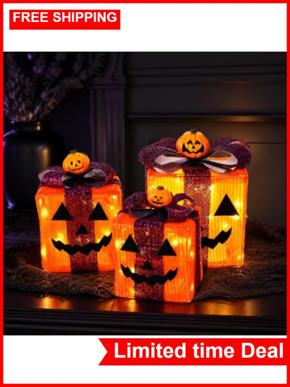 3 Pack Lighted Pumpkin Gift Boxes Halloween Decorations with 60 LED Lights and